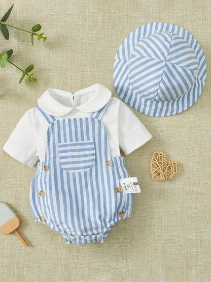 Boys Summer 3 Piece Set – Striped Overalls 