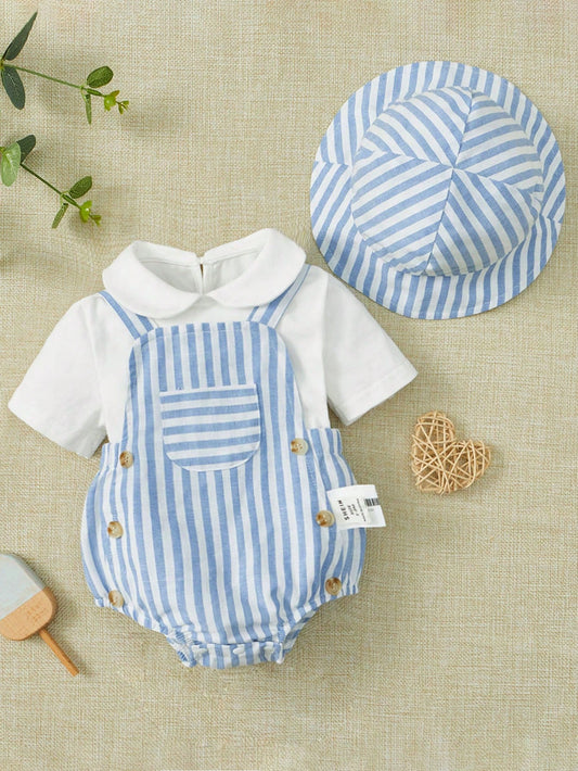 Boys Summer 3 Piece Set – Striped Overalls 