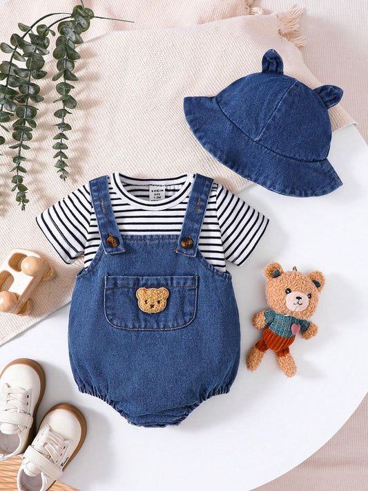 Baby Boys Summer Set – Striped T-shirt &amp; Plush Bear Suspender Shorts 