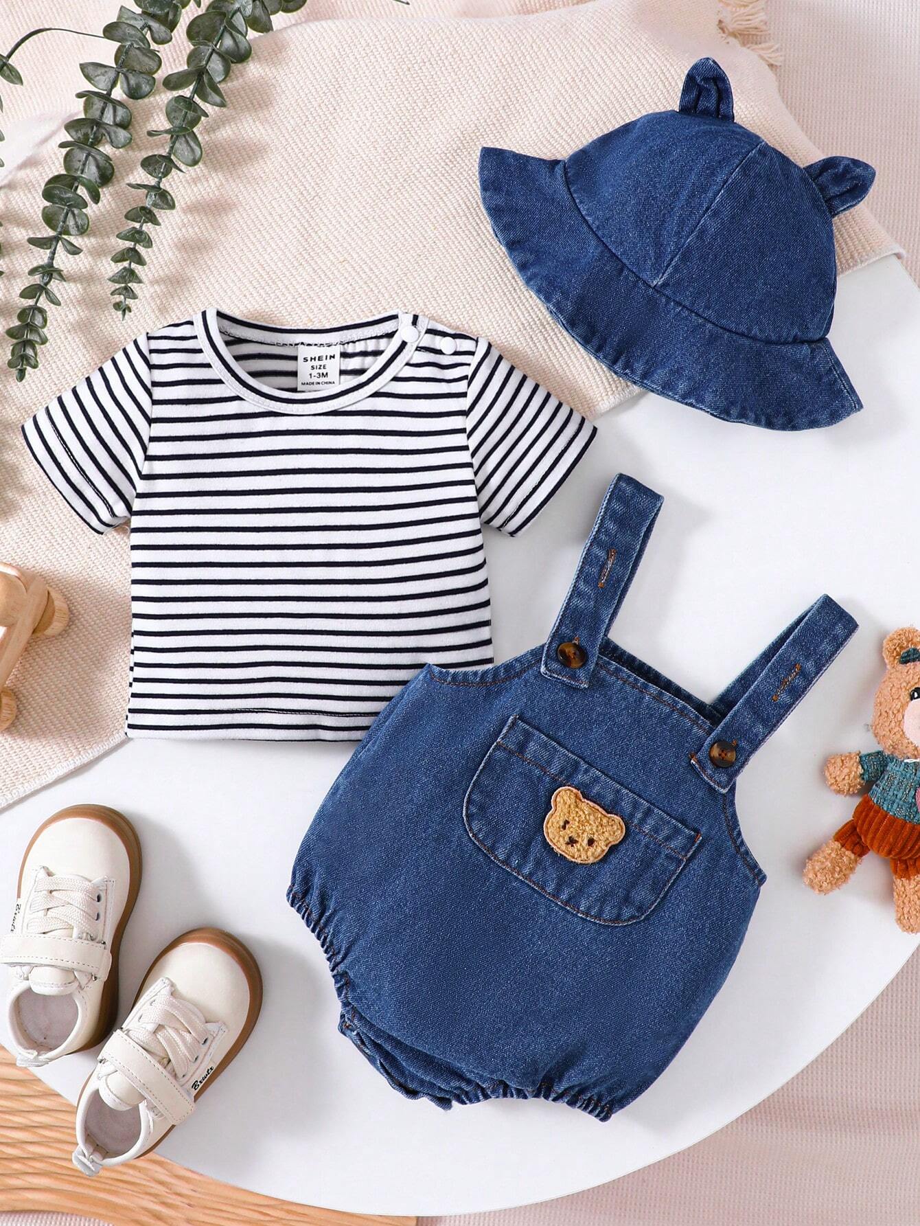Baby Boys Summer Set – Striped T-shirt &amp; Plush Bear Suspender Shorts 