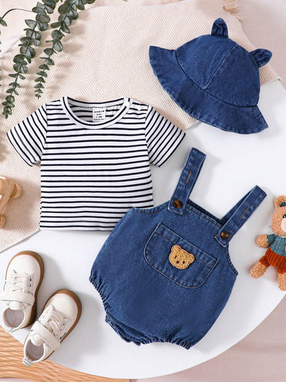 Baby Boys Summer Set – Striped T-shirt &amp; Plush Bear Suspender Shorts 