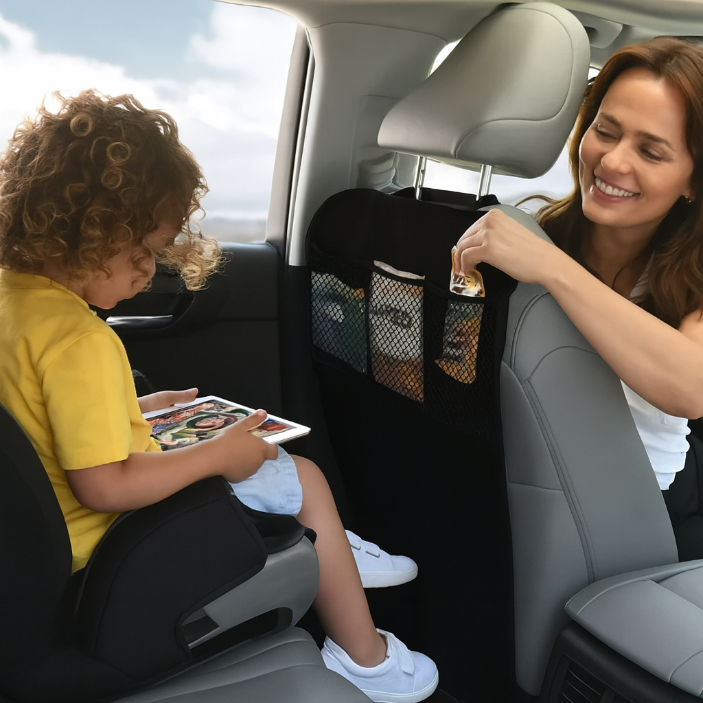 Car seat protector with storage compartments and toy holder