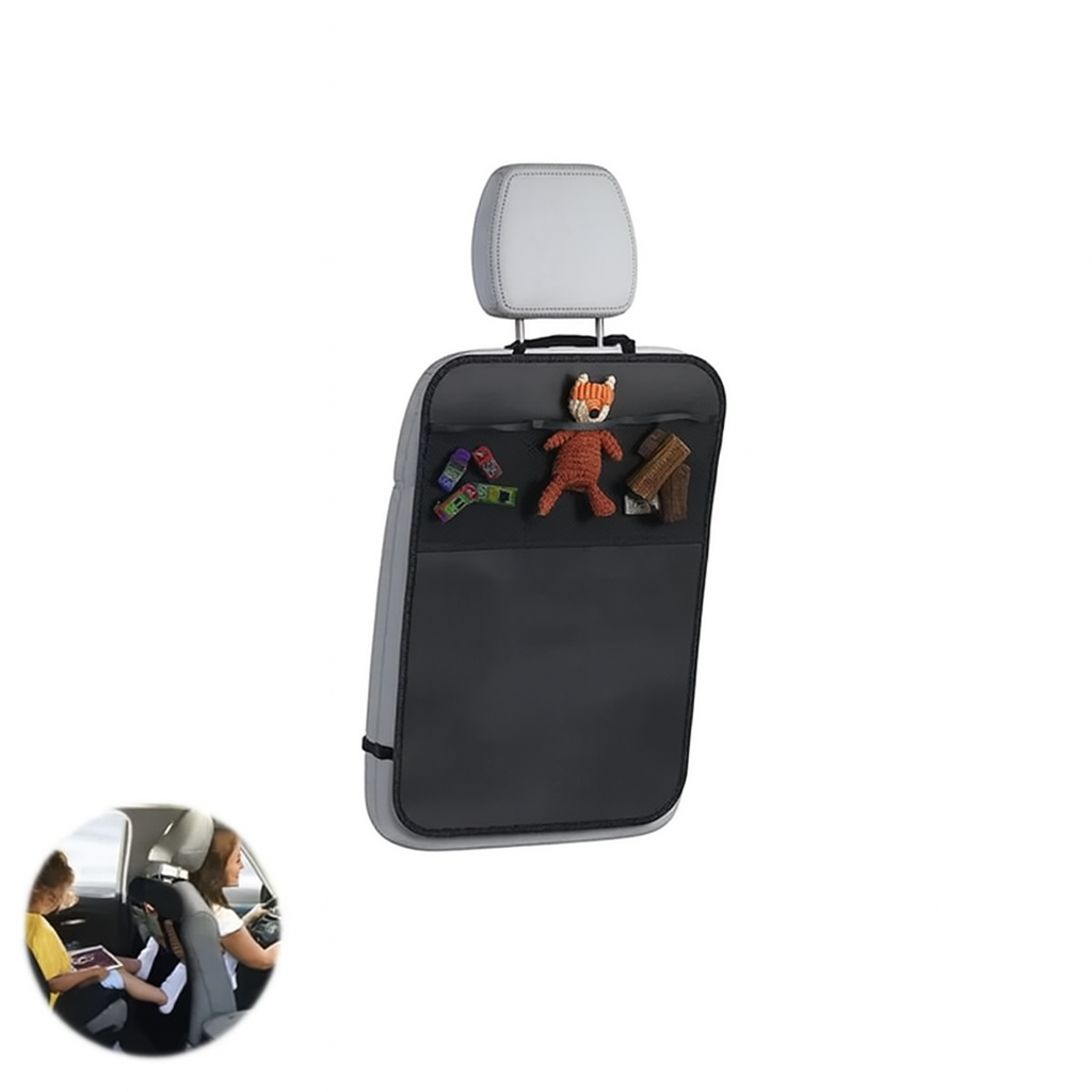 Car seat protector with storage compartments and toy holder