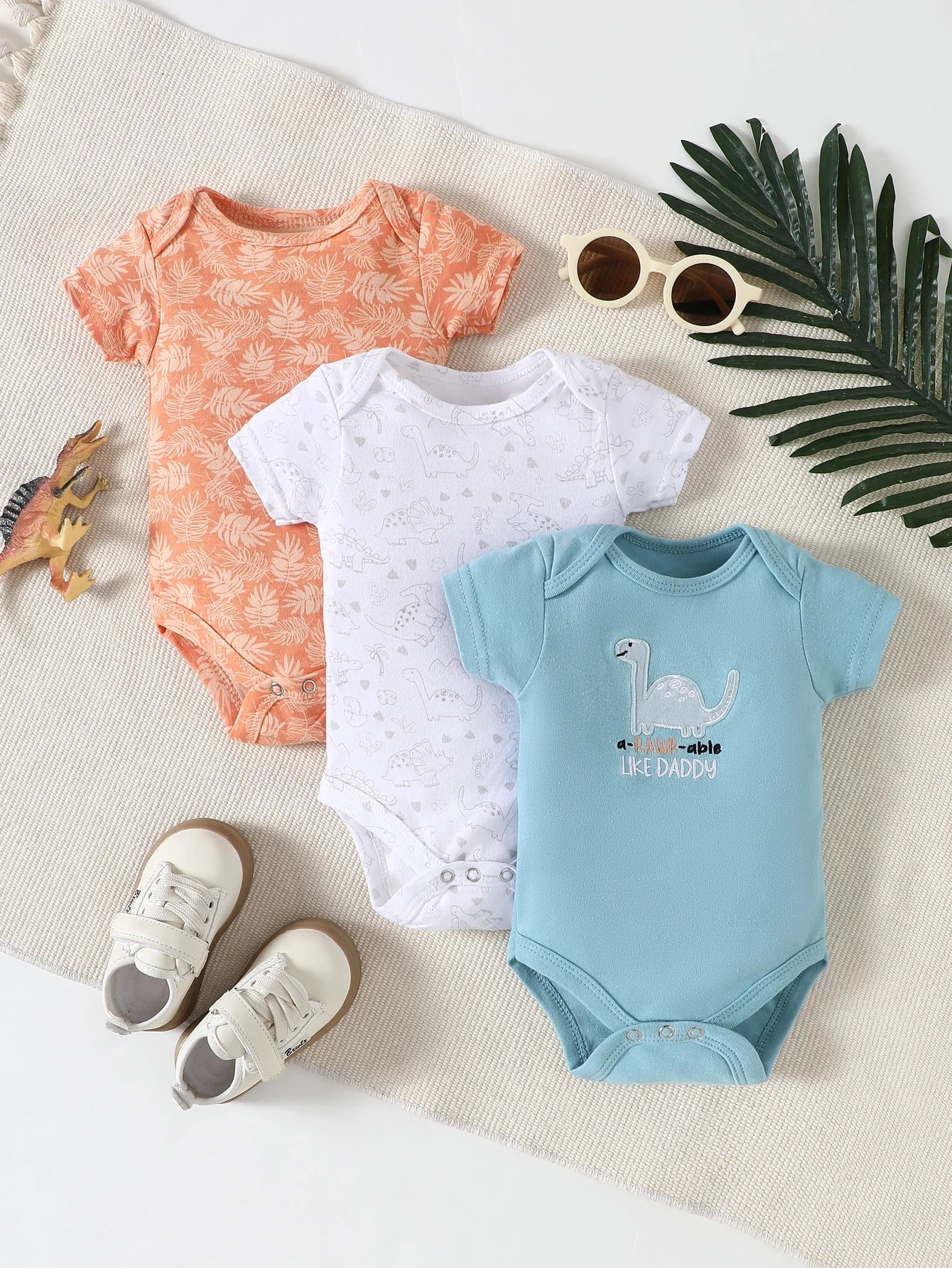3 Piece Baby Romper Set Short Sleeve Summer Outfit