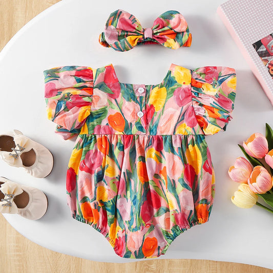 Tulip Romper Set – Girls Bodysuit with Headband 
