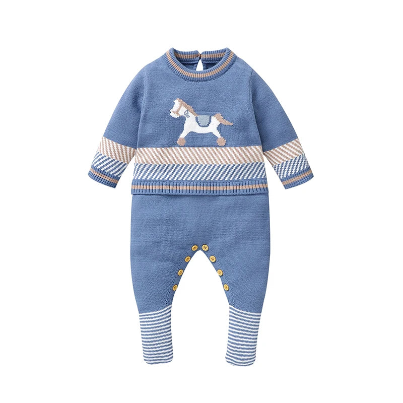 Knitted Baby Romper Long Sleeve - Autumn &amp; Winter Blue 