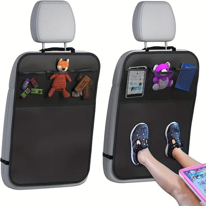 Car seat protector with storage compartments and toy holder
