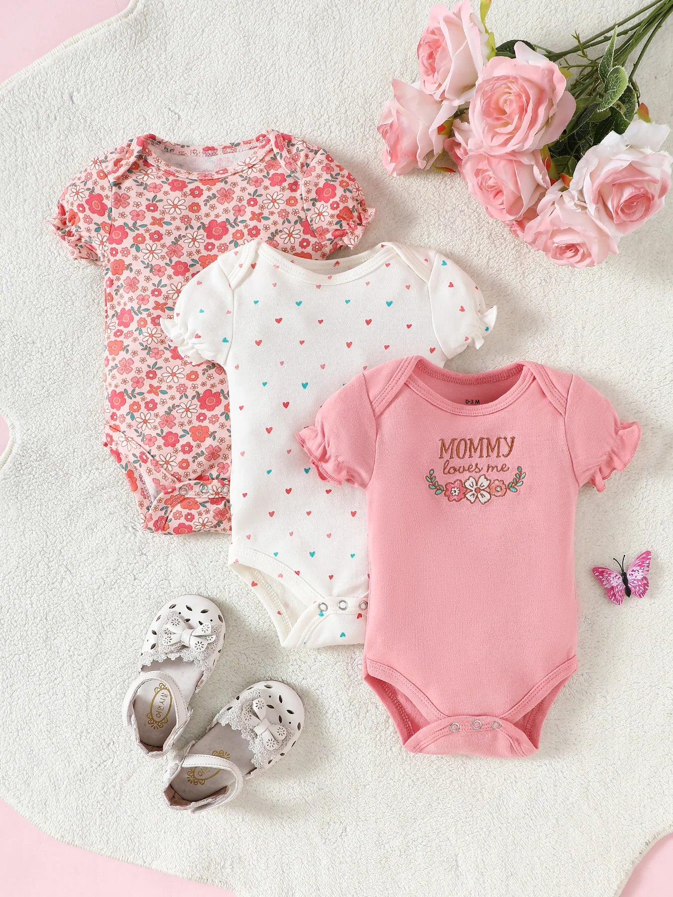 3 Piece Baby Romper Set Short Sleeve Summer Outfit