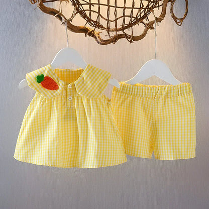 2 Piece Baby Girl Summer Set – Fruity Top &amp; Plaid Skirt 