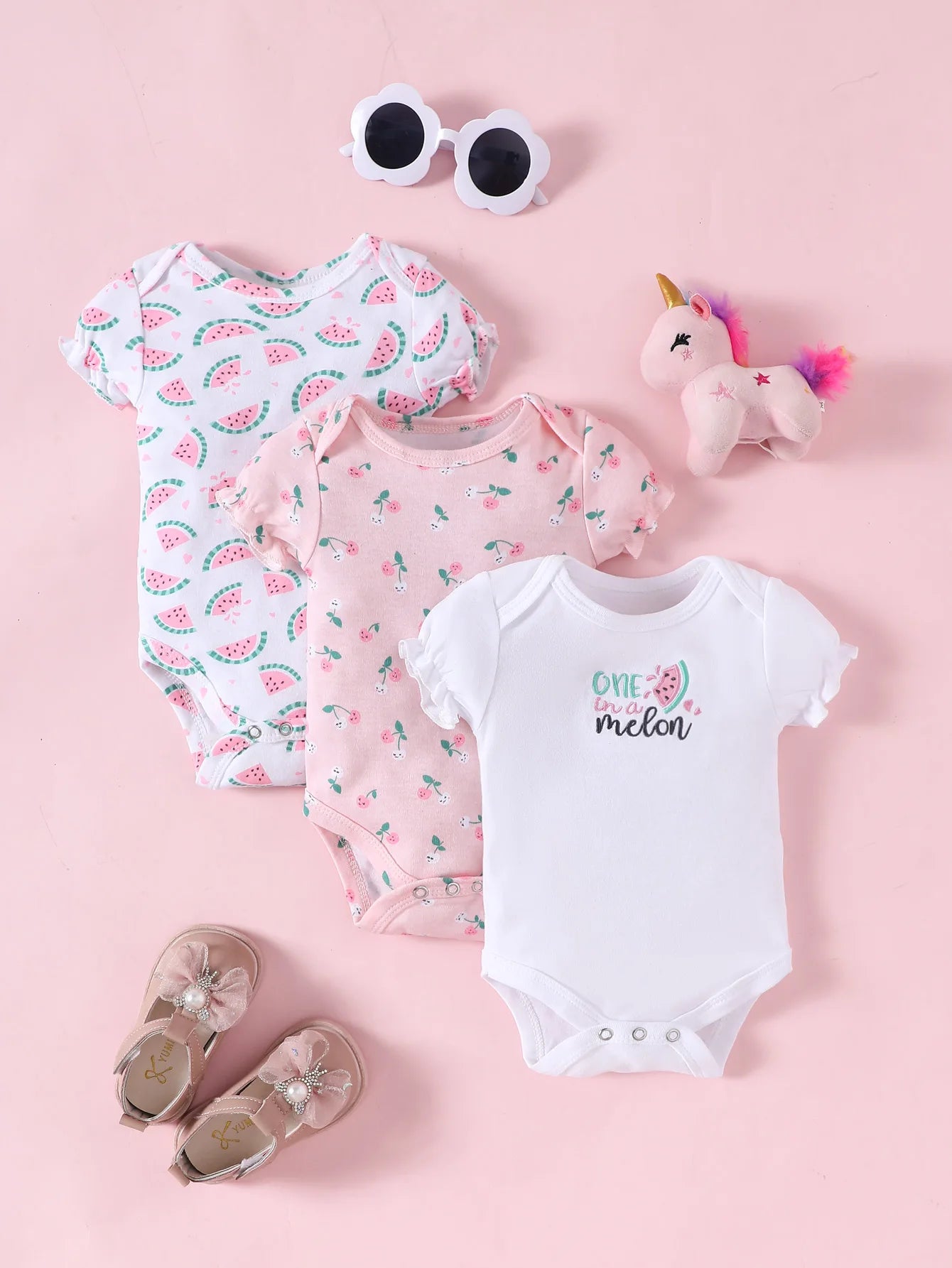 3 Piece Baby Romper Set Short Sleeve Summer Outfit