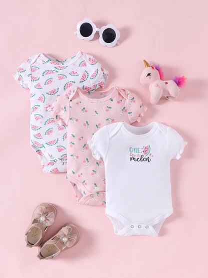3 Piece Baby Romper Set Short Sleeve Summer Outfit