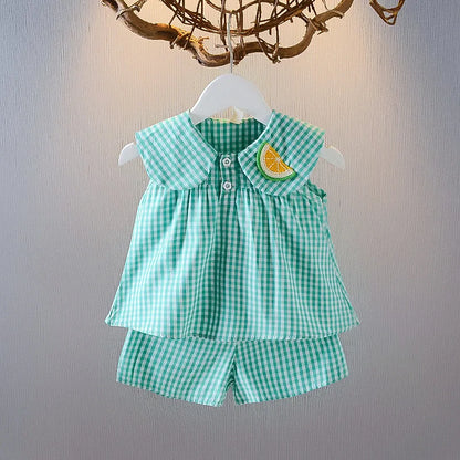 2 Piece Baby Girl Summer Set – Fruity Top &amp; Plaid Skirt 