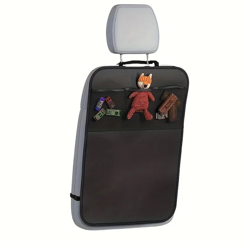 Car seat protector with storage compartments and toy holder
