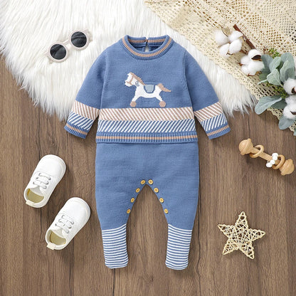 Knitted Baby Romper Long Sleeve - Autumn &amp; Winter Blue 