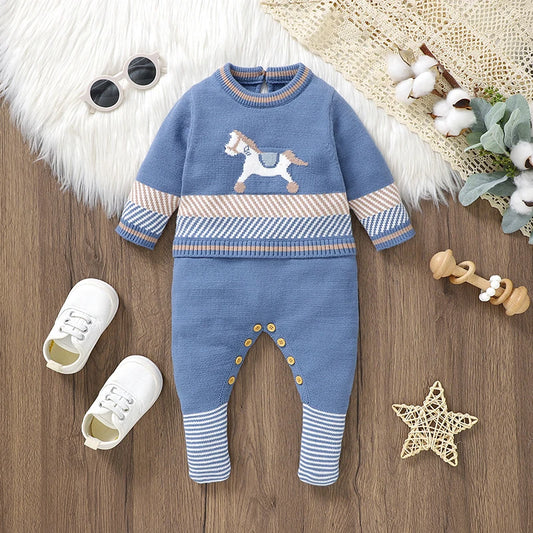 Knitted Baby Romper Long Sleeve - Autumn &amp; Winter Blue 
