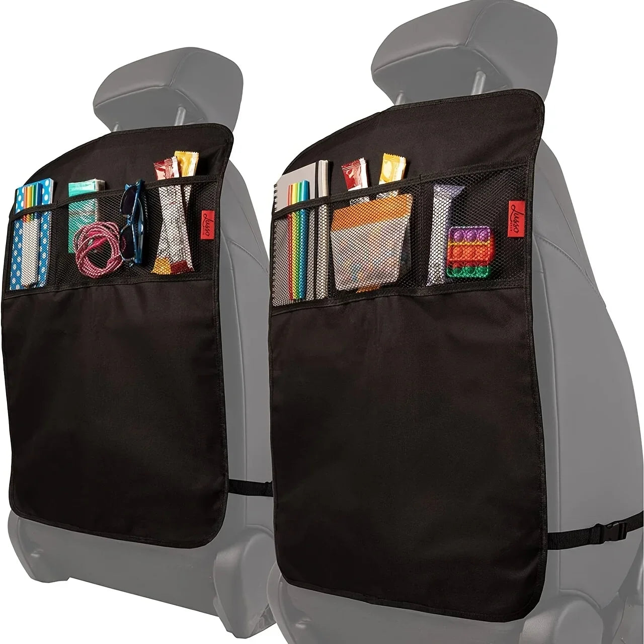 Car seat protector with storage compartments and toy holder