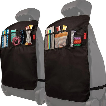 Car seat protector with storage compartments and toy holder