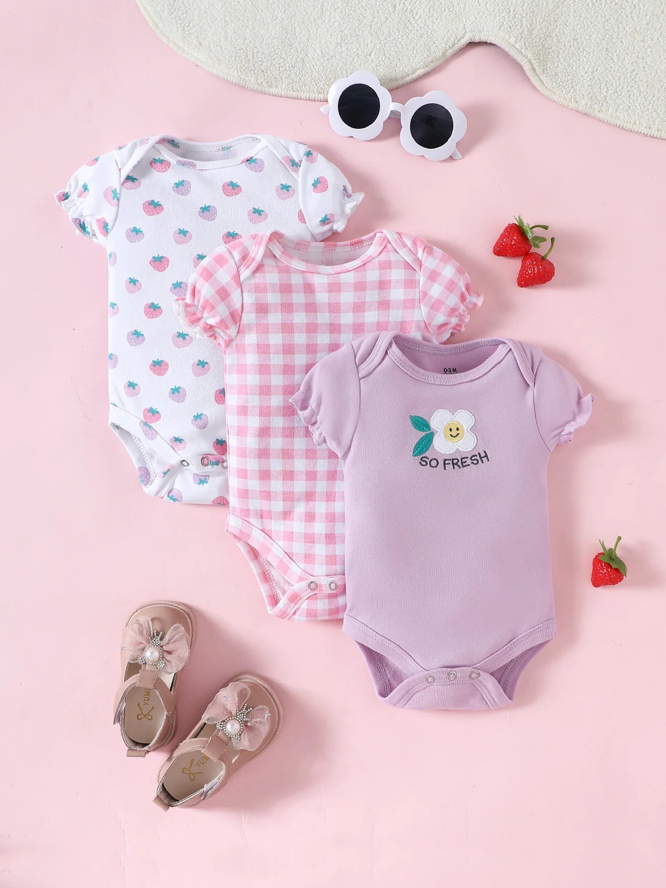 3 Piece Baby Romper Set Short Sleeve Summer Outfit