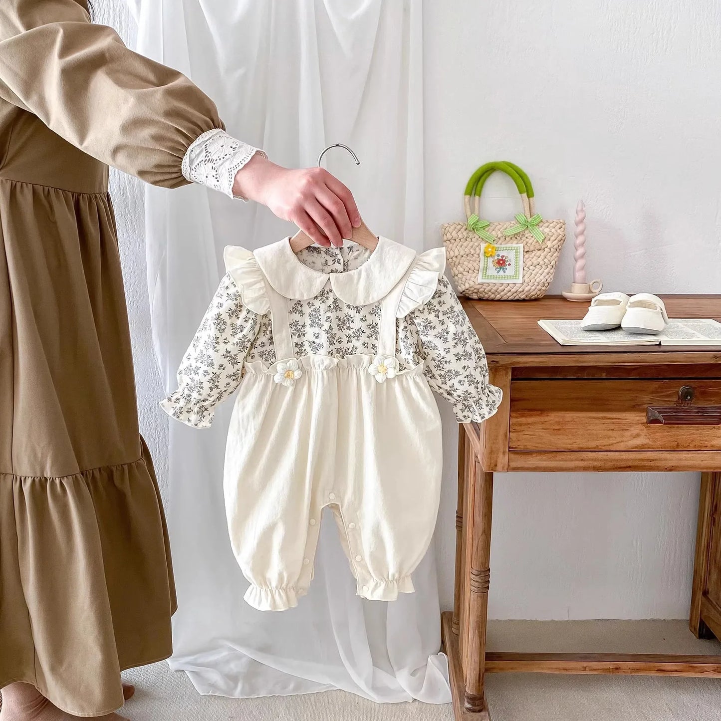 Baby Girl Floral Romper Beige