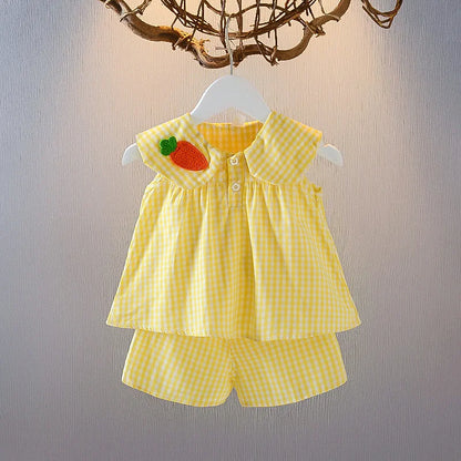 2 Piece Baby Girl Summer Set – Fruity Top &amp; Plaid Skirt 