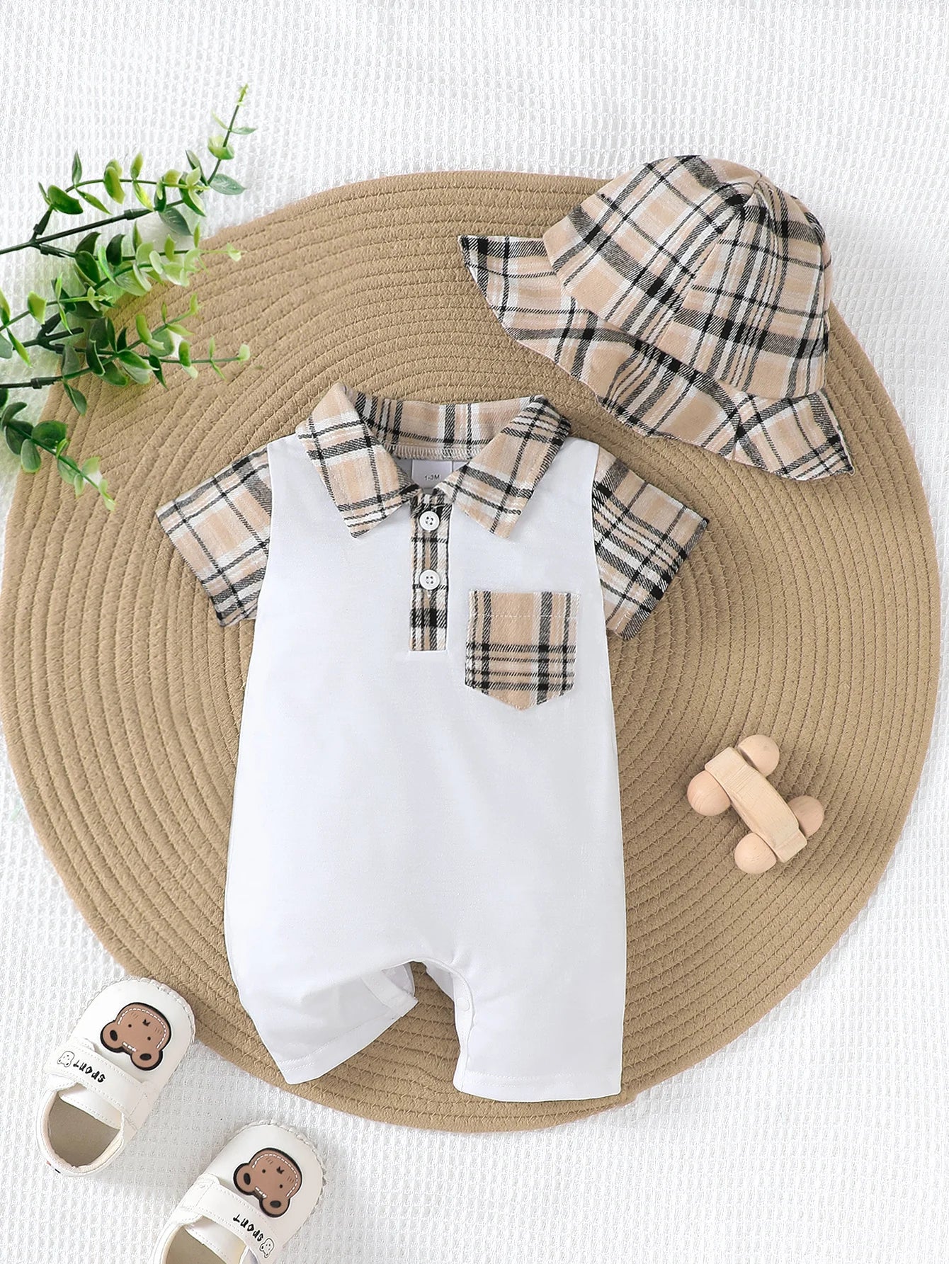Baby Jumpsuit Summer Checked Pattern Short Sleeves 
