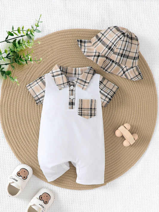 Baby Jumpsuit Summer Checked Pattern Short Sleeves 